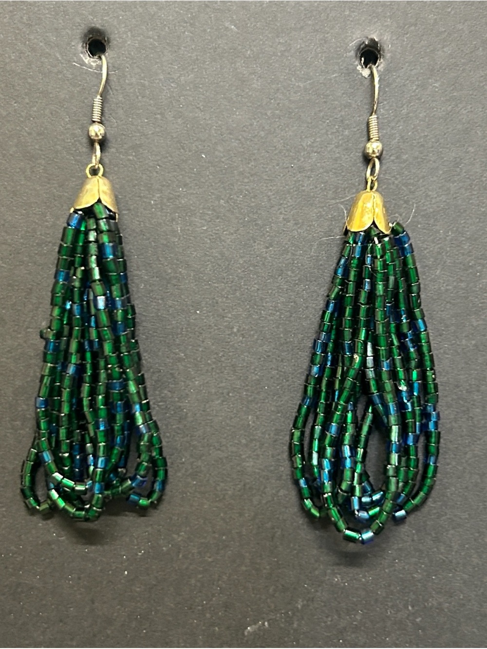 Vintage Green Glass Bead Fringe Dangle Earrings